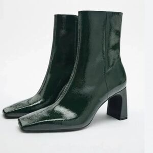 Green Zara Faux Patent Leather Square-Toe Heeled Boots (NWT)